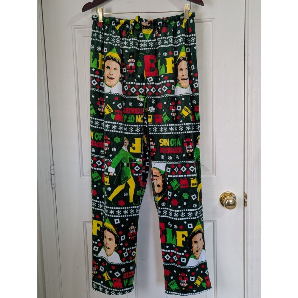 ELF Fleece Pajama Pants Mens Medium Green Drawstring Pockets Christmas Stretch